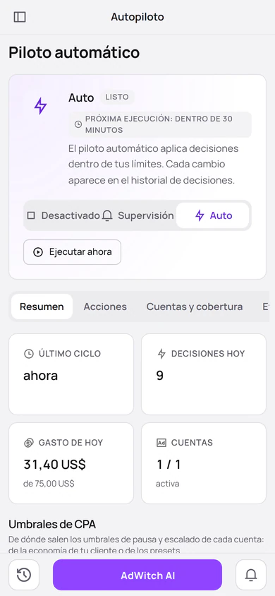 La página del autopiloto en la cuenta demo: modo Auto con la próxima revisión en 30 minutos.