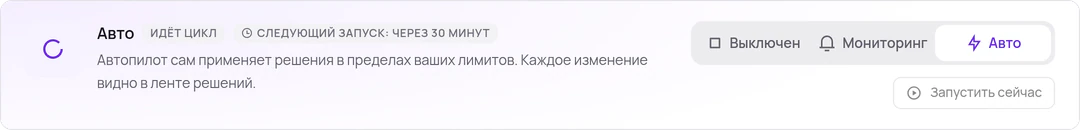 Карточка автопилота: следующий запуск через 30 минут