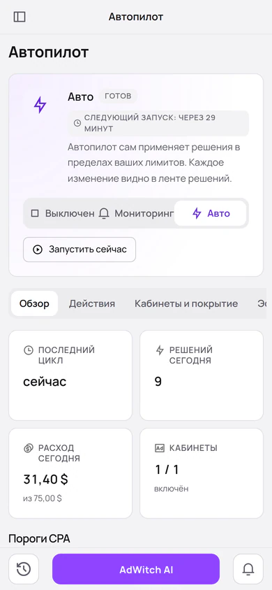 Страница автопилота в демо-аккаунте: режим Auto и следующая проверка через 30 минут.